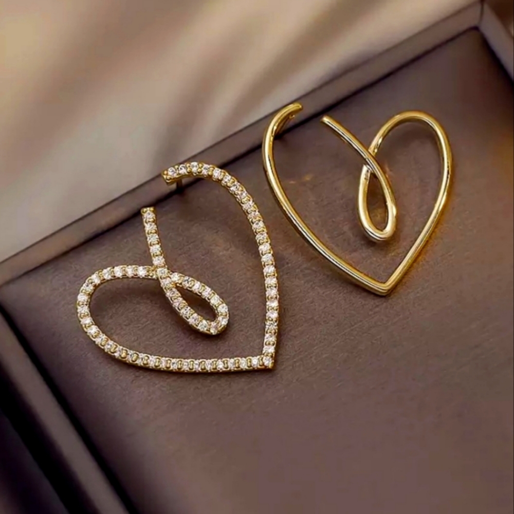 “Mine & Yours” Cursive Heart Gold Diamond Statement Artsy Abstract Cute Earrings